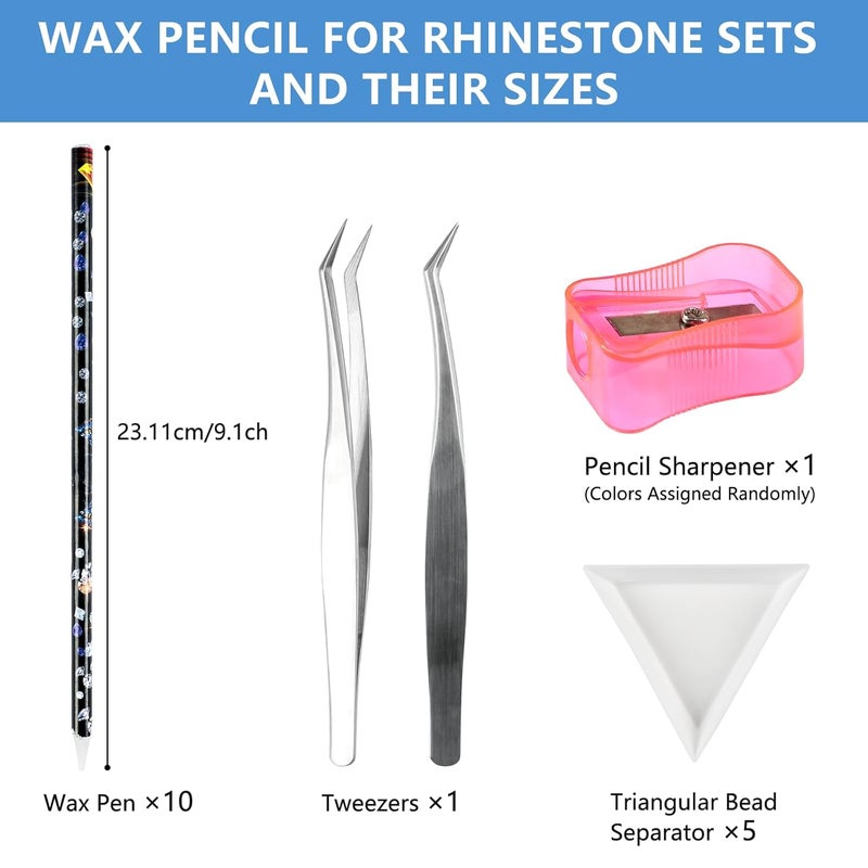 BOMOQING 10 Pencil for Rhinestones Pick up,Wax Rhinestone Picker Tool Pencil Nail Dotting Applicator White Bead Sorting Tray Triangular Plate 1 Pencil Sharpener, 1 Tweezers for Nail Art DIY - Image 2